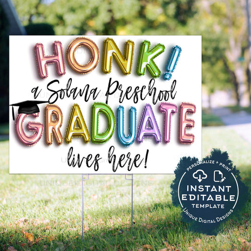 Honk Preschool Graduation Yard Sign, Editable Graduation Parade Drive By Poster Kindergarten Graduate Banner Printable Digital DIY INSTANT