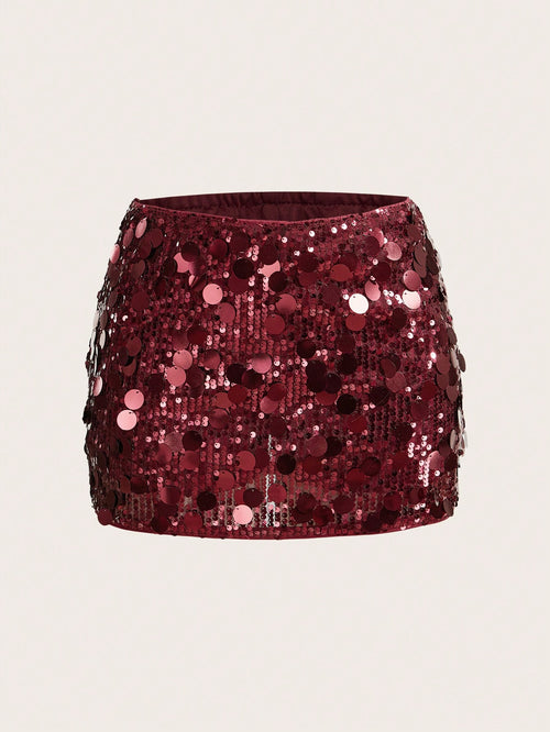 ICON Black Bodycon High Waist Super Short Women's Mini Skirt Burgundy Skirt Sequin Skirt
