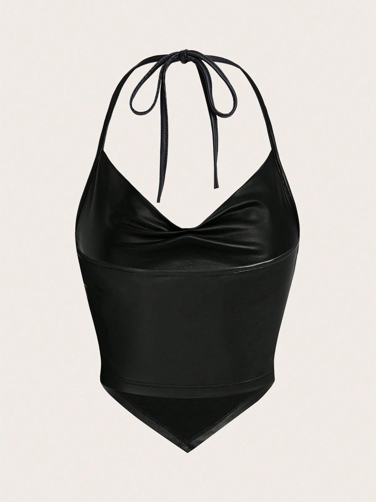 ICON Draped Front Tie Backless Halter Top-Black Faux Leather