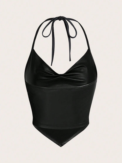 ICON Draped Front Tie Backless Halter Top-Black Faux Leather