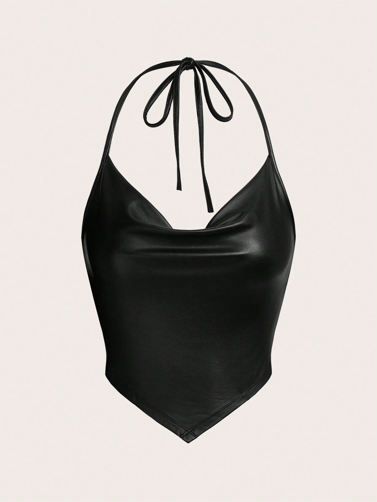 ICON Draped Front Tie Backless Halter Top-Black Faux Leather