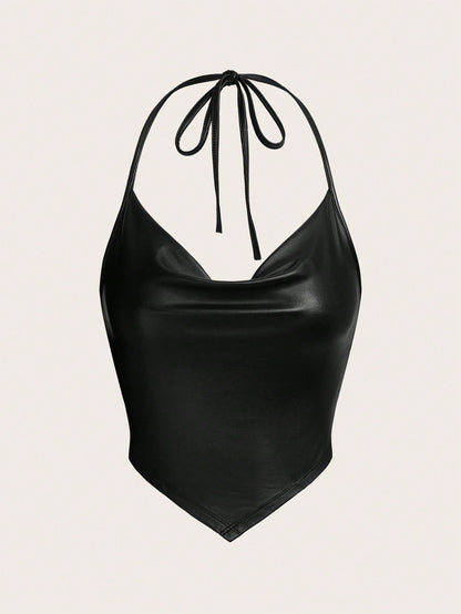 ICON Draped Front Tie Backless Halter Top-Black Faux Leather