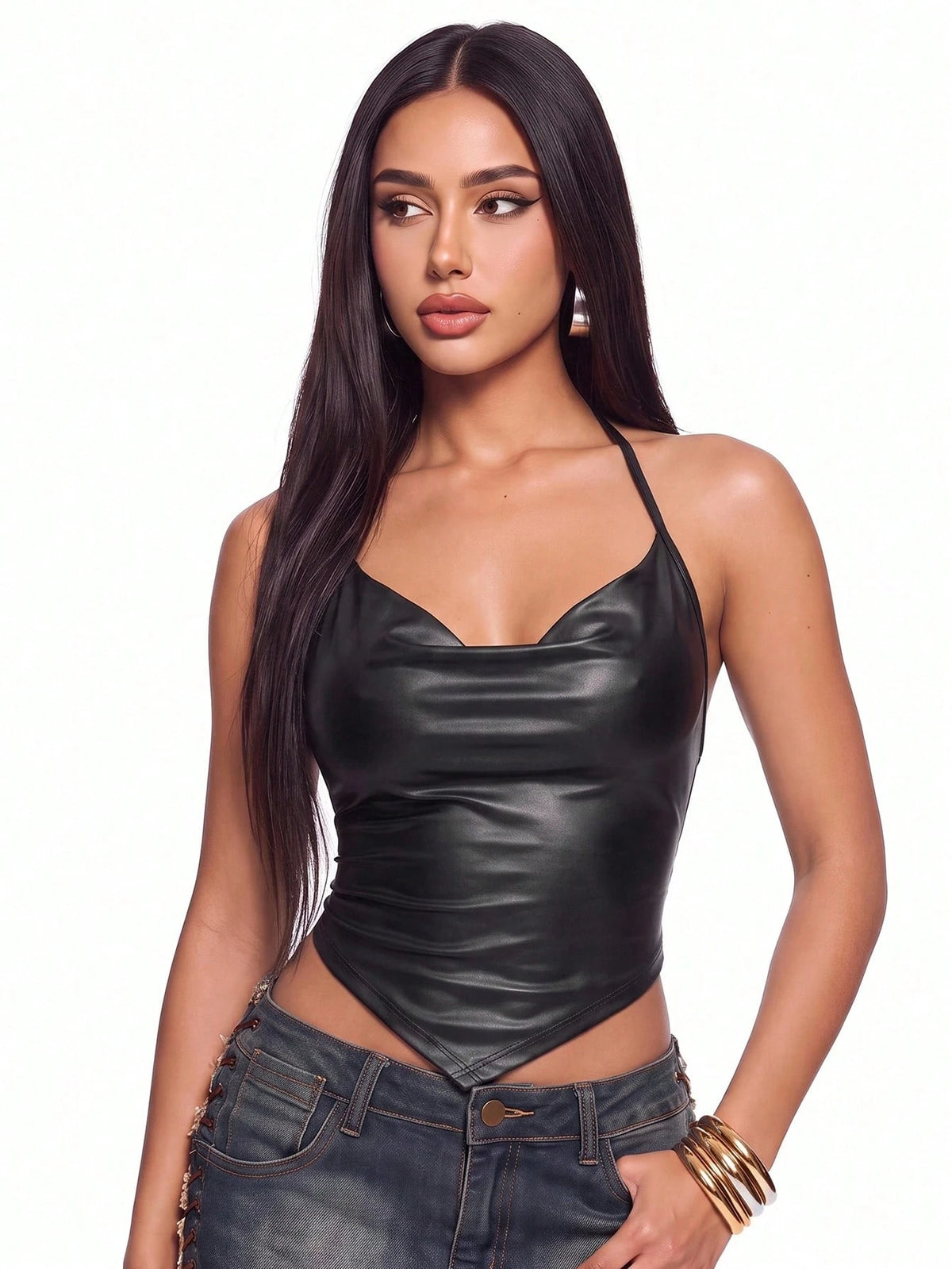 ICON Draped Front Tie Backless Halter Top-Black Faux Leather