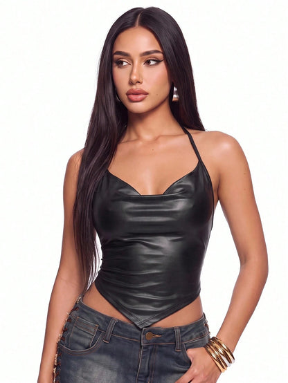 ICON Draped Front Tie Backless Halter Top-Black Faux Leather