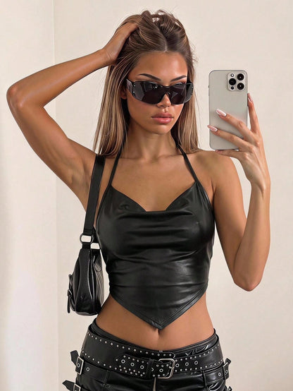 ICON Draped Front Tie Backless Halter Top-Black Faux Leather