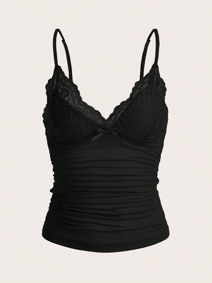 ICON Elegant Solid Contrast Lace Ruched Y2k Cami Top