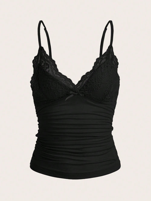 ICON Elegant Solid Contrast Lace Ruched Y2k Cami Top