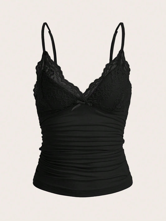 ICON Elegant Solid Contrast Lace Ruched Y2k Cami Top