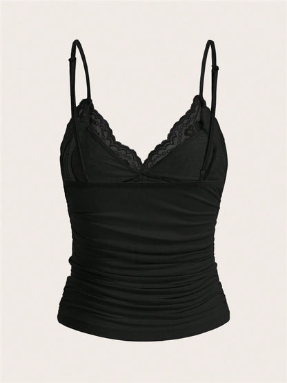 ICON Elegant Solid Contrast Lace Ruched Y2k Cami Top