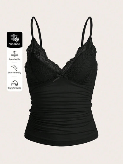 ICON Elegant Solid Contrast Lace Ruched Y2k Cami Top