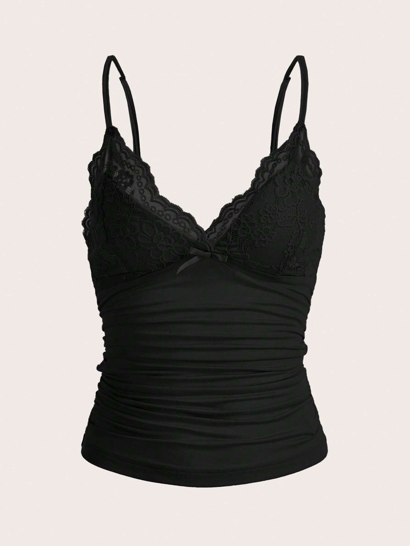 ICON Elegant Solid Contrast Lace Ruched Y2k Cami Top