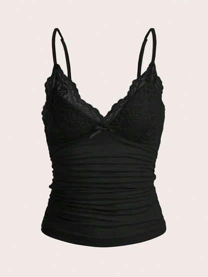 ICON Elegant Solid Contrast Lace Ruched Y2k Cami Top