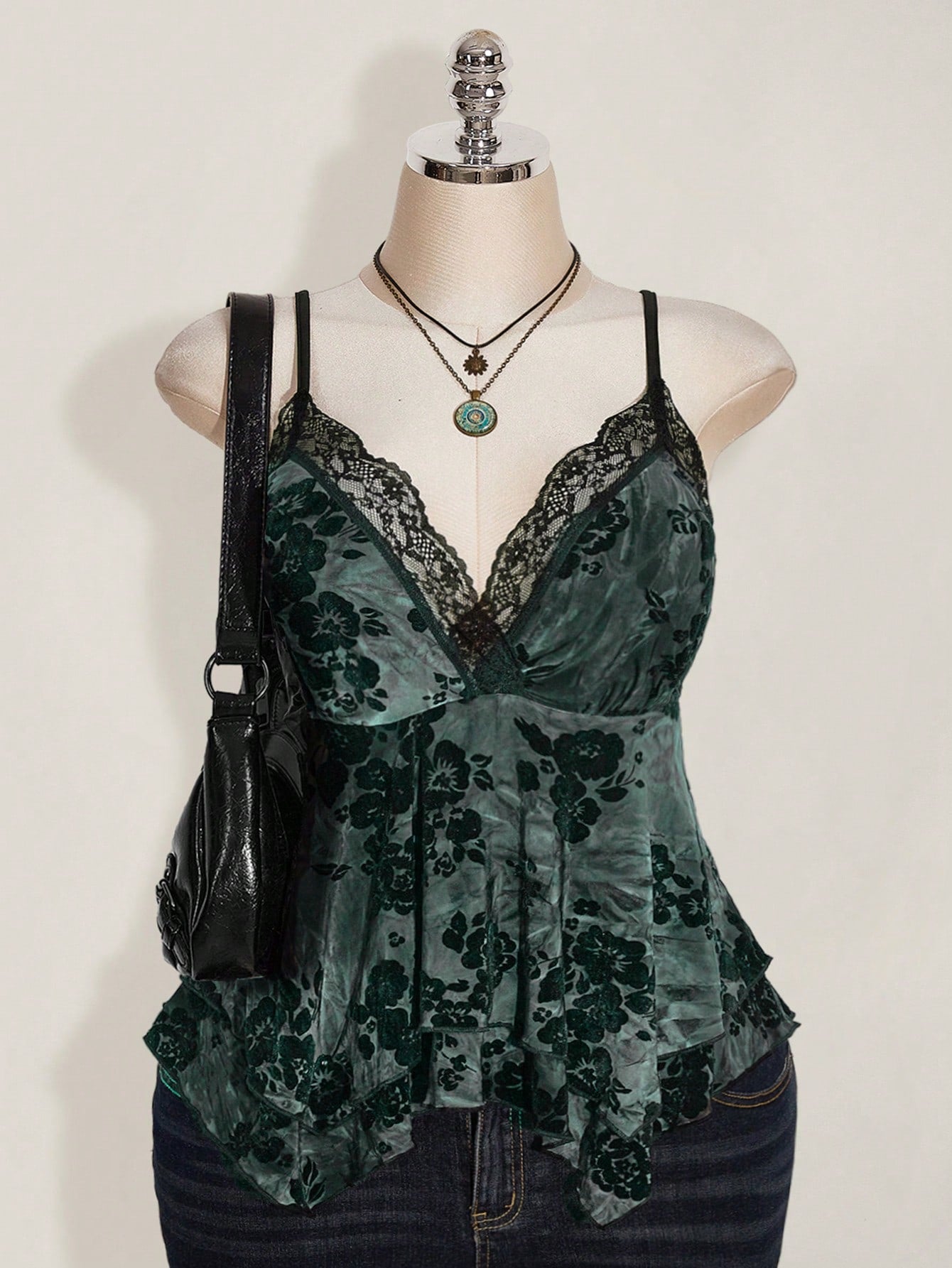 ICON Plus Size Hippie Women Lace Contrast Allover Print Asymmetric Hem Camisole Top, Suitable For Festival, Summer Vacation, Graduation And Back To School