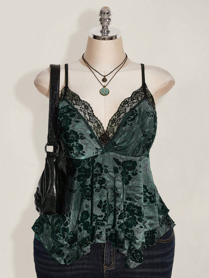 ICON Plus Size Hippie Women Lace Contrast Allover Print Asymmetric Hem Camisole Top, Suitable For Festival, Summer Vacation, Graduation And Back To School