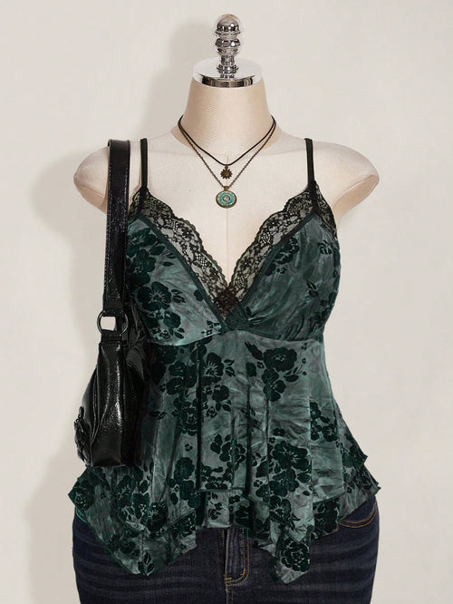 ICON Plus Size Hippie Women Lace Contrast Allover Print Asymmetric Hem Camisole Top, Suitable For Festival, Summer Vacation, Graduation And Back To School
