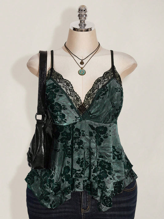 ICON Plus Size Hippie Women Lace Contrast Allover Print Asymmetric Hem Camisole Top, Suitable For Festival, Summer Vacation, Graduation And Back To School