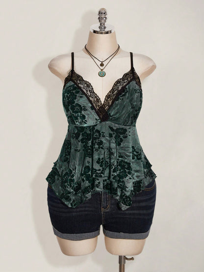 ICON Plus Size Hippie Women Lace Contrast Allover Print Asymmetric Hem Camisole Top, Suitable For Festival, Summer Vacation, Graduation And Back To School