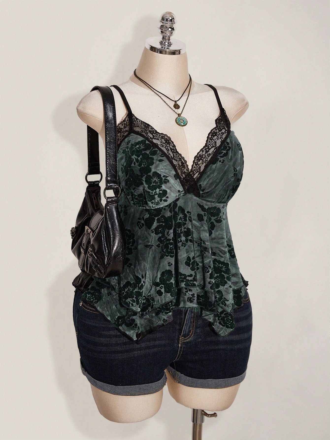 ICON Plus Size Hippie Women Lace Contrast Allover Print Asymmetric Hem Camisole Top, Suitable For Festival, Summer Vacation, Graduation And Back To School
