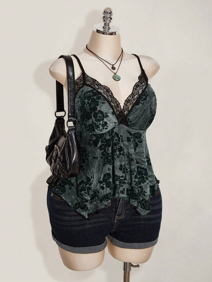 ICON Plus Size Hippie Women Lace Contrast Allover Print Asymmetric Hem Camisole Top, Suitable For Festival, Summer Vacation, Graduation And Back To School