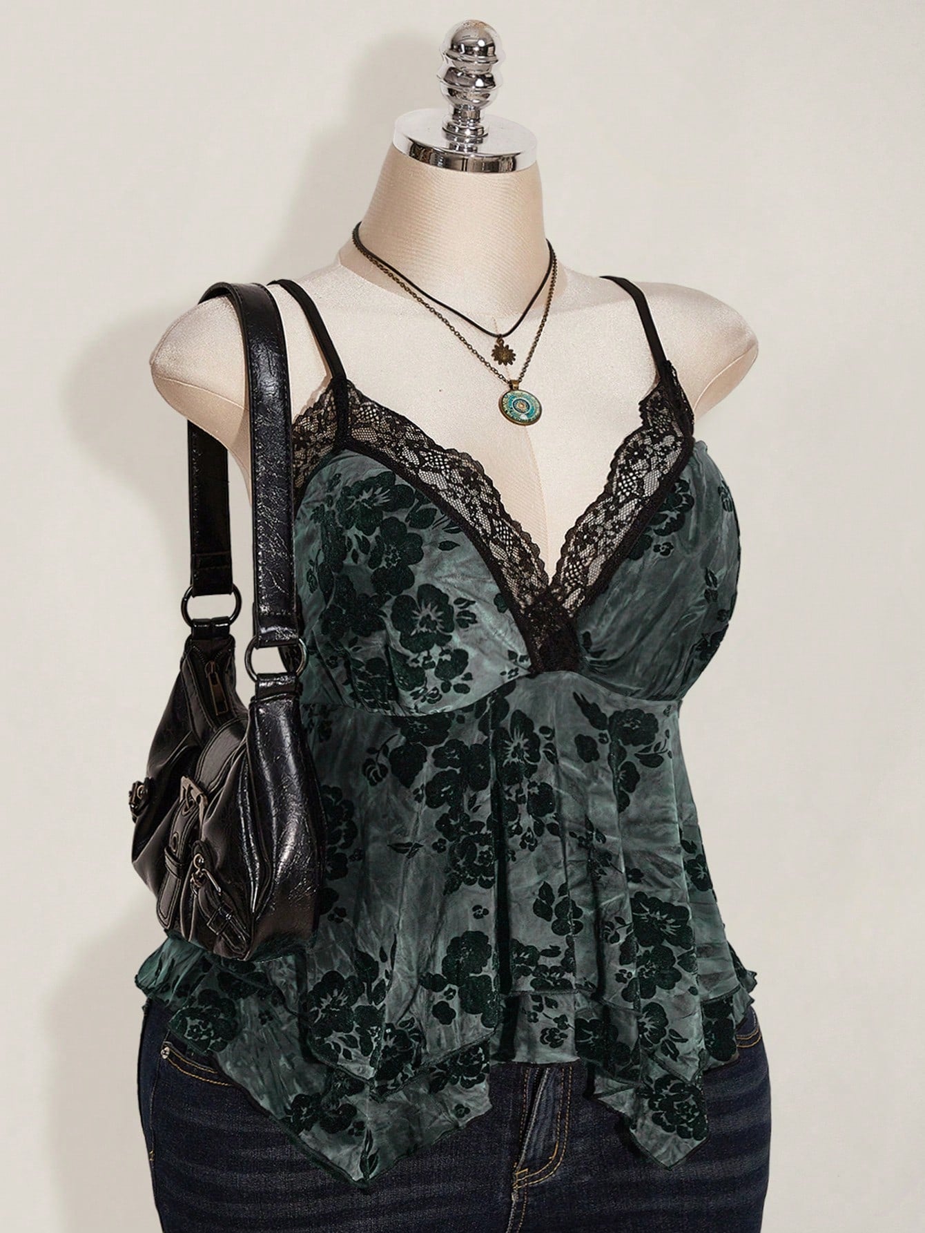 ICON Plus Size Hippie Women Lace Contrast Allover Print Asymmetric Hem Camisole Top, Suitable For Festival, Summer Vacation, Graduation And Back To School