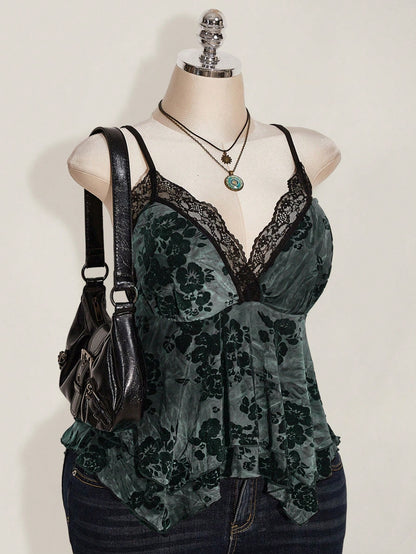 ICON Plus Size Hippie Women Lace Contrast Allover Print Asymmetric Hem Camisole Top, Suitable For Festival, Summer Vacation, Graduation And Back To School