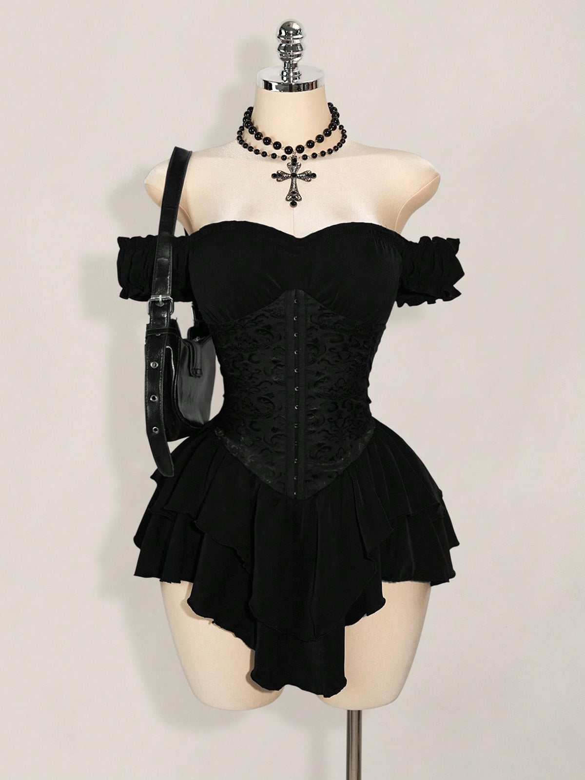 ICON Women's Black Summer Goth Club Jacquard Waist Tie Ruffle Trim Off Shoulder Layered Hem A-Line Chiffon Mini Dress,Elegant For Party & Casual Dresses