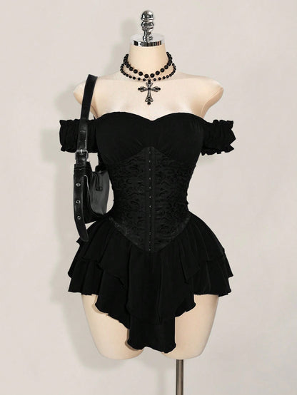 ICON Women's Black Summer Goth Club Jacquard Waist Tie Ruffle Trim Off Shoulder Layered Hem A-Line Chiffon Mini Dress,Elegant For Party & Casual Dresses