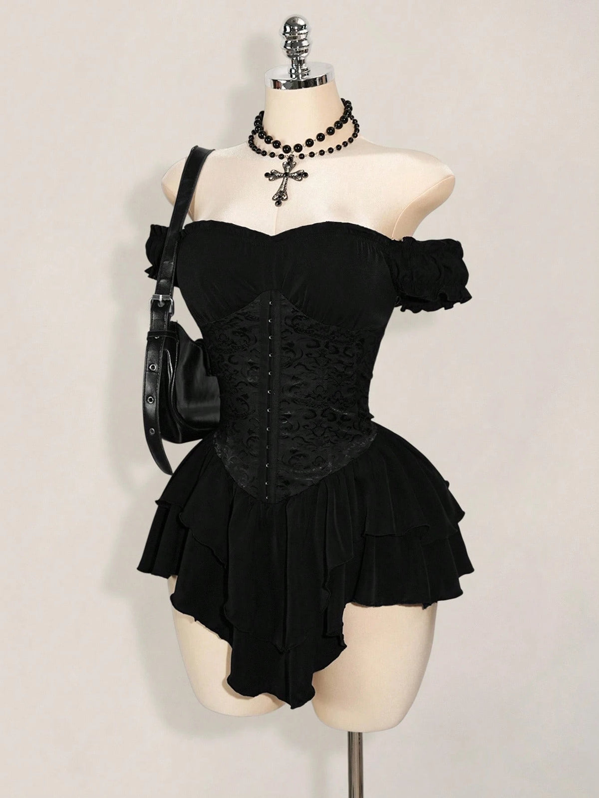 ICON Women's Black Summer Goth Club Jacquard Waist Tie Ruffle Trim Off Shoulder Layered Hem A-Line Chiffon Mini Dress,Elegant For Party & Casual Dresses