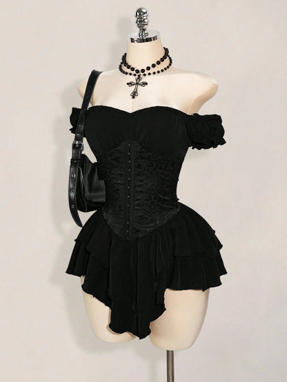 ICON Women's Black Summer Goth Club Jacquard Waist Tie Ruffle Trim Off Shoulder Layered Hem A-Line Chiffon Mini Dress,Elegant For Party & Casual Dresses