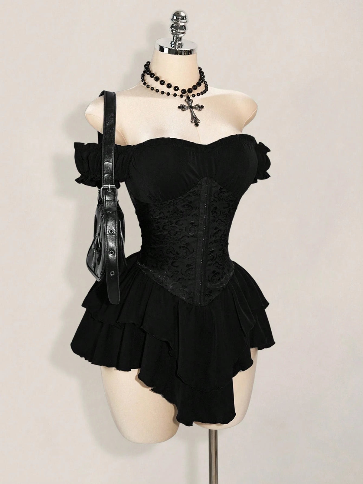 ICON Women's Black Summer Goth Club Jacquard Waist Tie Ruffle Trim Off Shoulder Layered Hem A-Line Chiffon Mini Dress,Elegant For Party & Casual Dresses