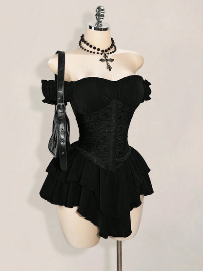 ICON Women's Black Summer Goth Club Jacquard Waist Tie Ruffle Trim Off Shoulder Layered Hem A-Line Chiffon Mini Dress,Elegant For Party & Casual Dresses