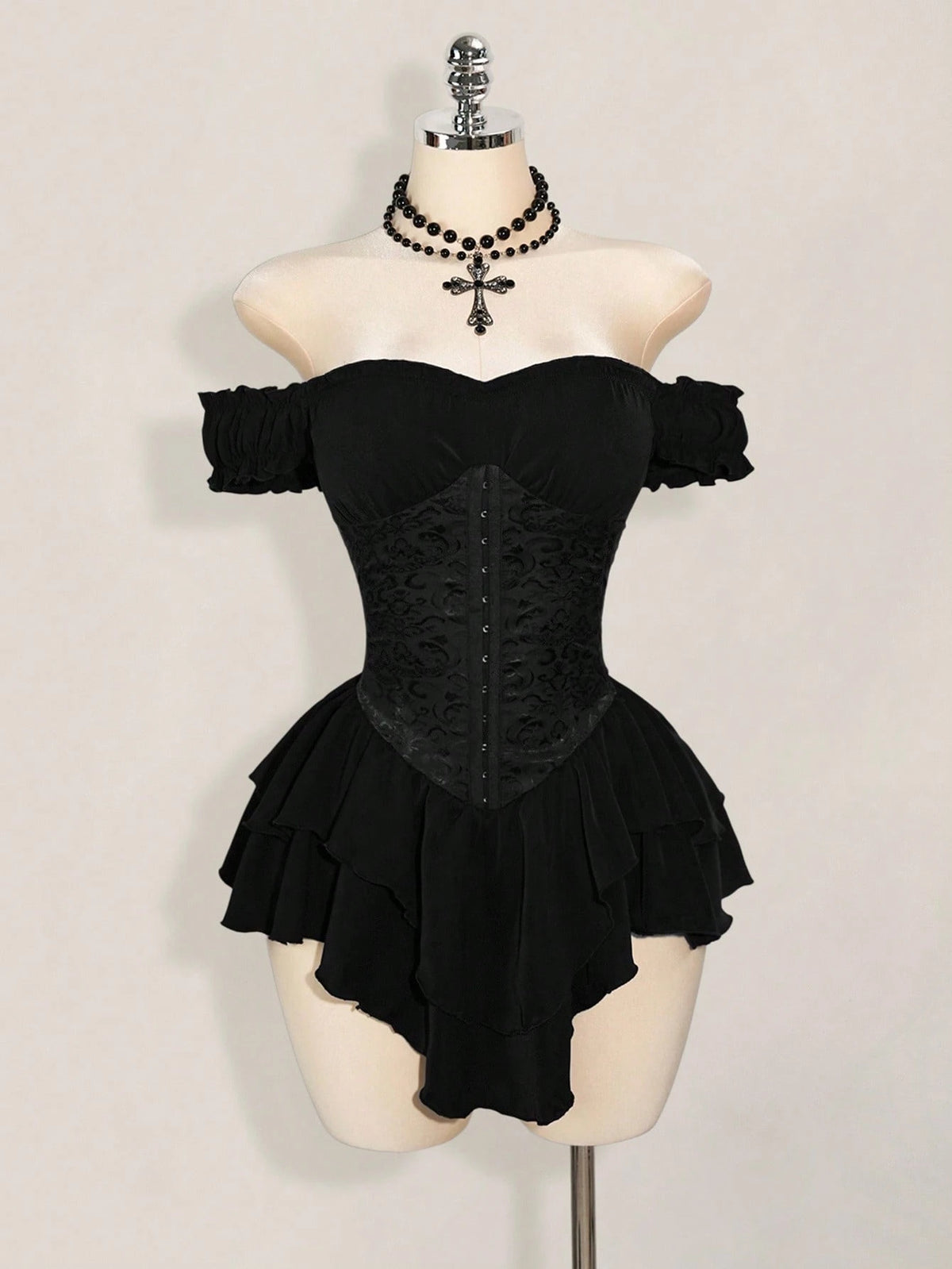 ICON Women's Black Summer Goth Club Jacquard Waist Tie Ruffle Trim Off Shoulder Layered Hem A-Line Chiffon Mini Dress,Elegant For Party & Casual Dresses