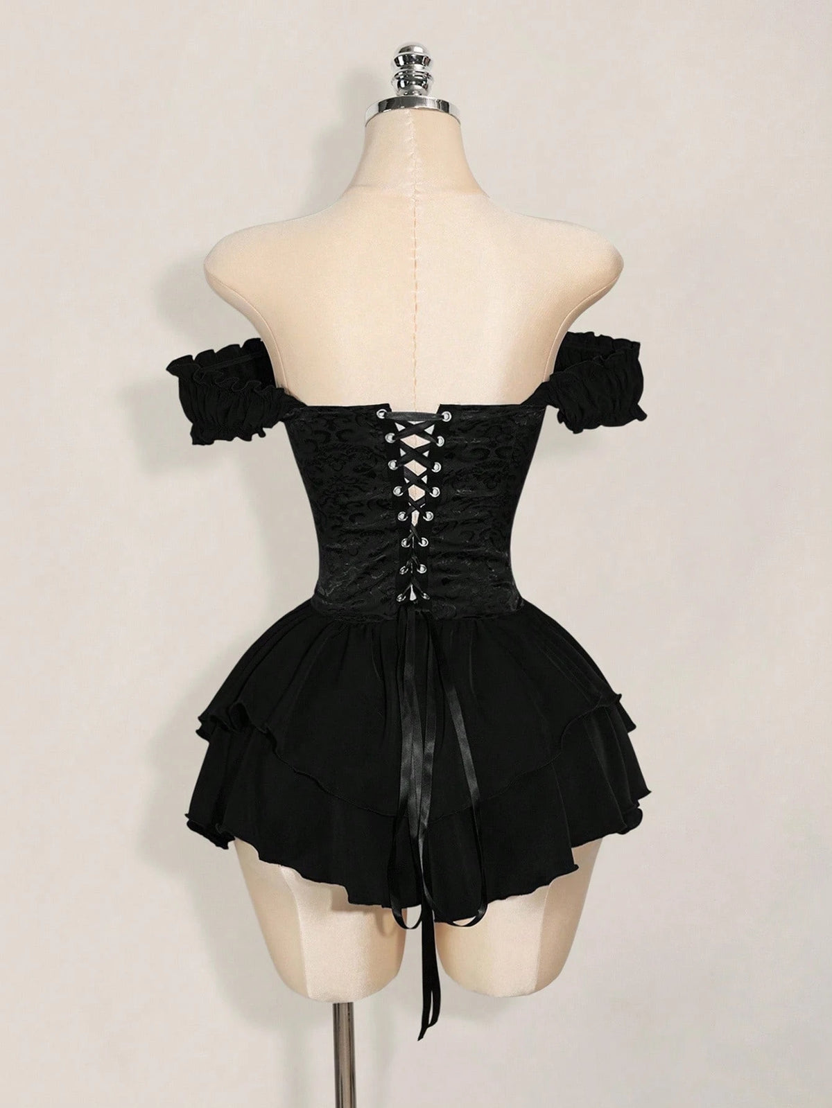 ICON Women's Black Summer Goth Club Jacquard Waist Tie Ruffle Trim Off Shoulder Layered Hem A-Line Chiffon Mini Dress,Elegant For Party & Casual Dresses