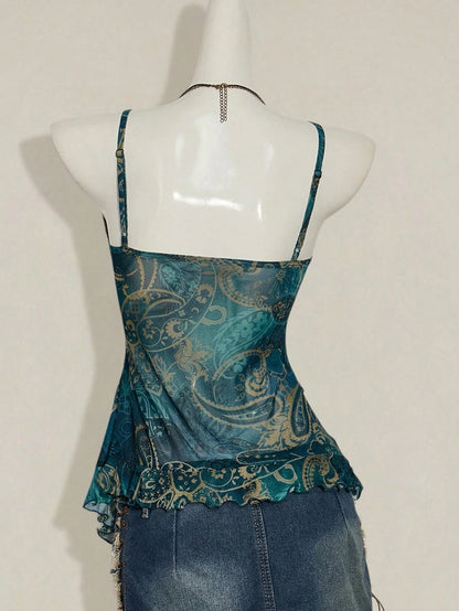 ICON Women's Vacation Cashew Floral Print Ruffled Strap Cami Top 4th Of July Cute Sexy Summer Tops Going Out Night Out Vacation Tops Teal
