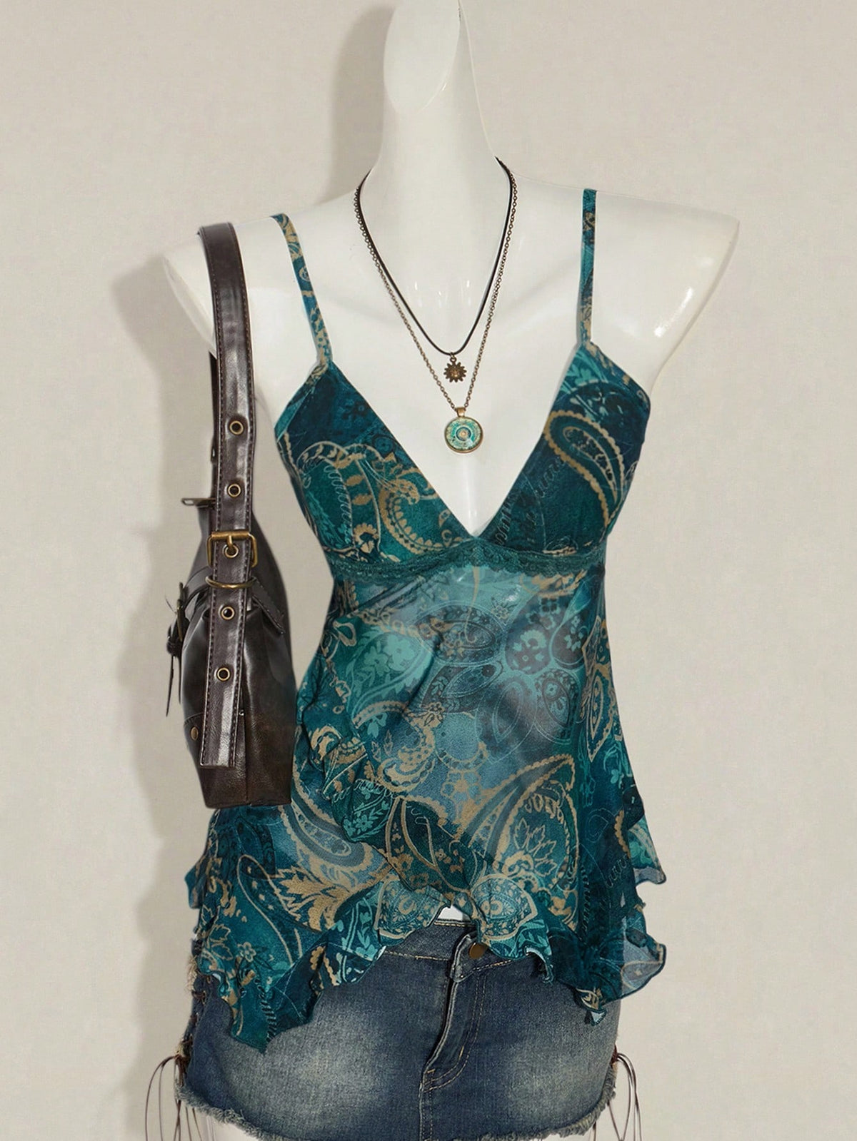 ICON Women's Vacation Cashew Floral Print Ruffled Strap Cami Top 4th Of July Cute Sexy Summer Tops Going Out Night Out Vacation Tops Teal