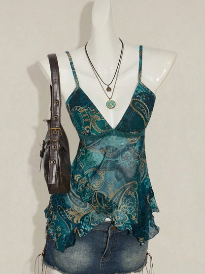 ICON Women's Vacation Cashew Floral Print Ruffled Strap Cami Top 4th Of July Cute Sexy Summer Tops Going Out Night Out Vacation Tops Teal