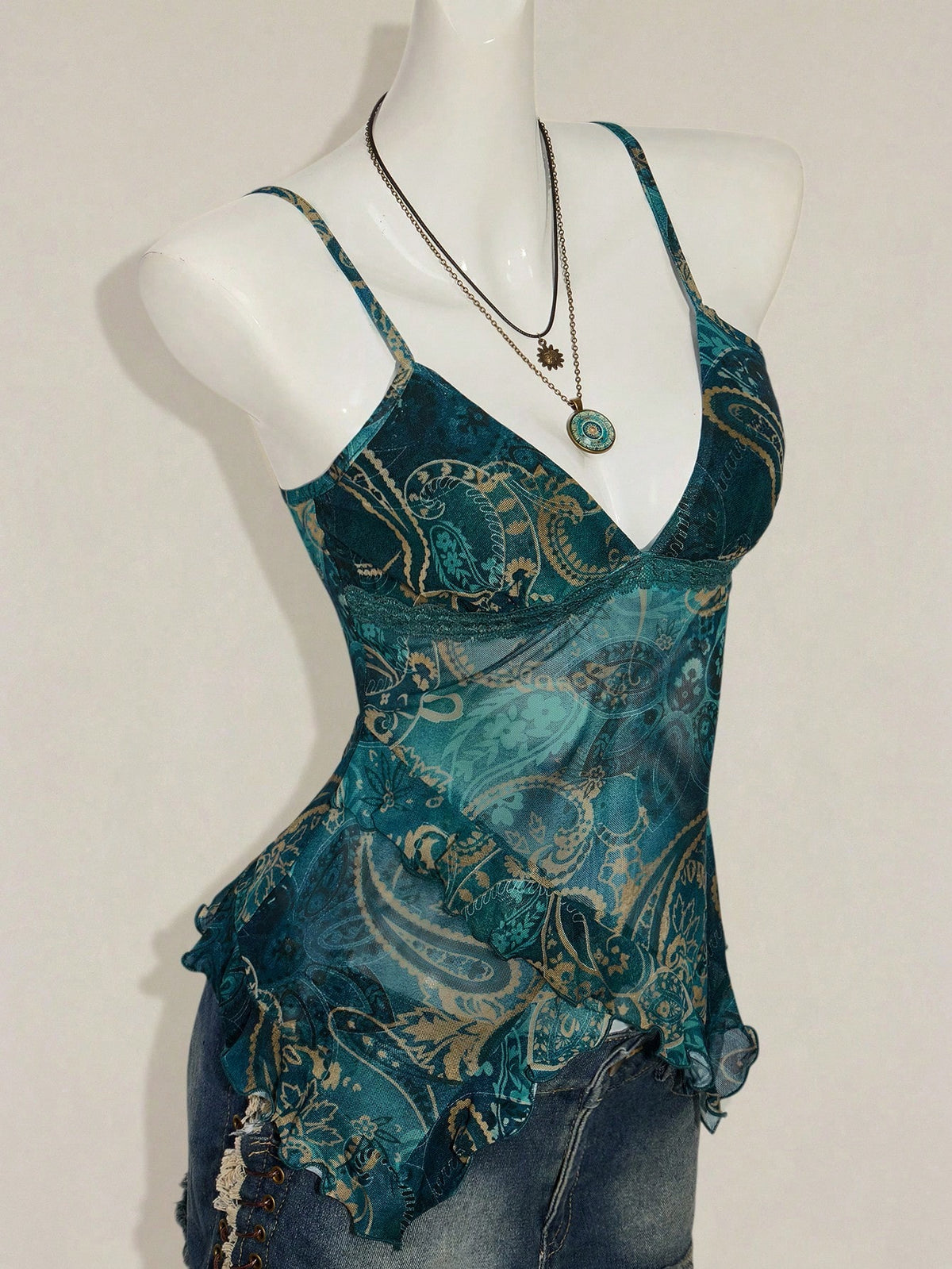 ICON Women's Vacation Cashew Floral Print Ruffled Strap Cami Top 4th Of July Cute Sexy Summer Tops Going Out Night Out Vacation Tops Teal
