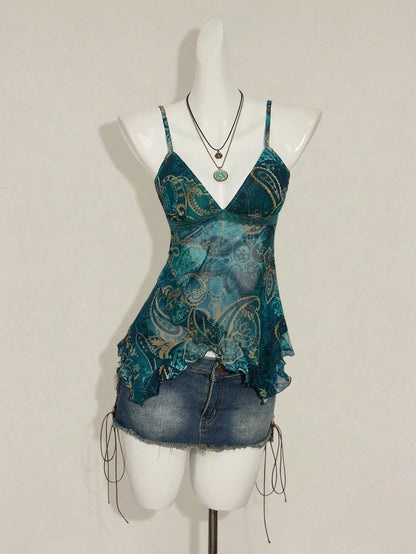 ICON Women's Vacation Cashew Floral Print Ruffled Strap Cami Top 4th Of July Cute Sexy Summer Tops Going Out Night Out Vacation Tops Teal