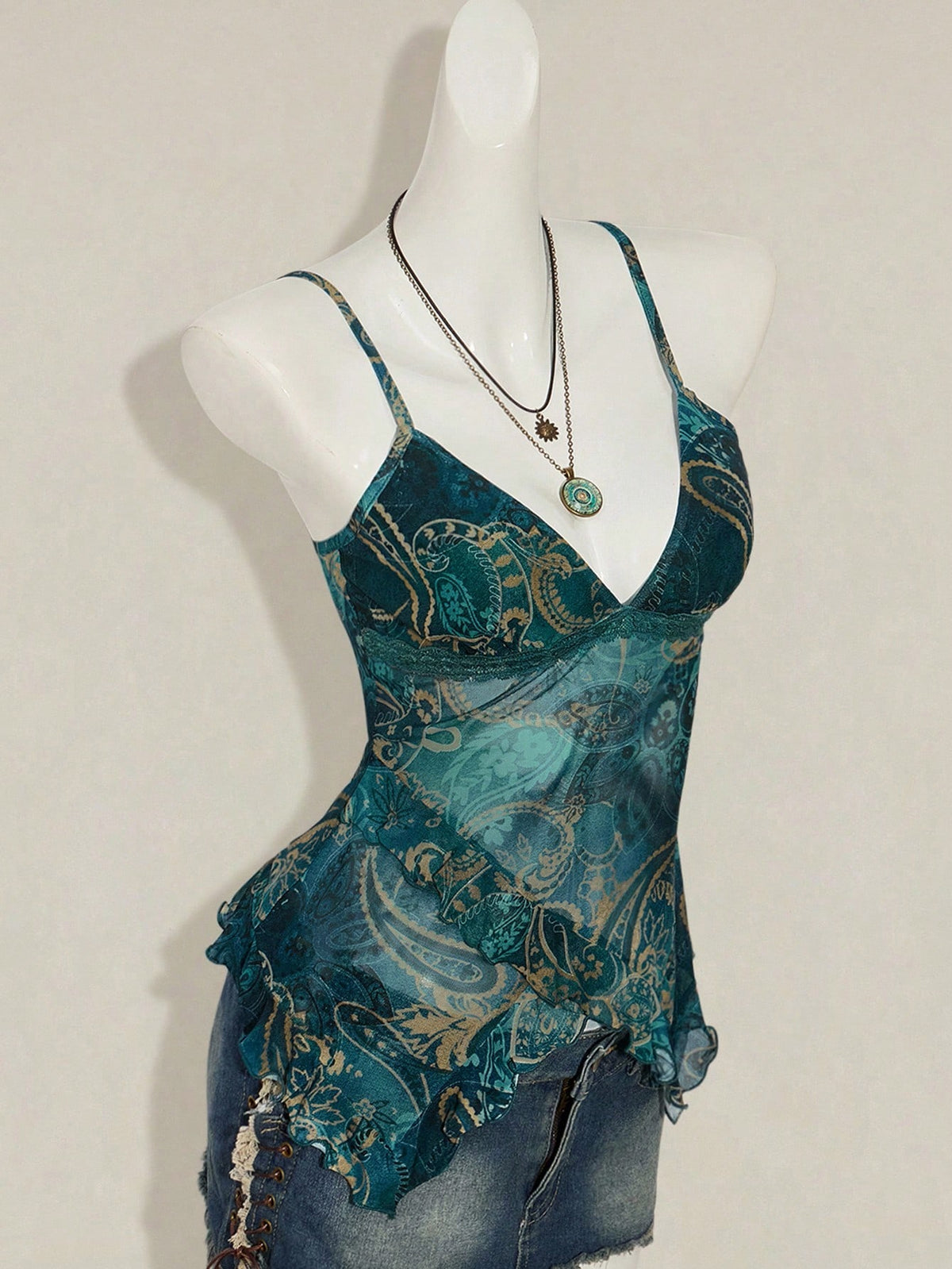 ICON Women's Vacation Cashew Floral Print Ruffled Strap Cami Top 4th Of July Cute Sexy Summer Tops Going Out Night Out Vacation Tops Teal