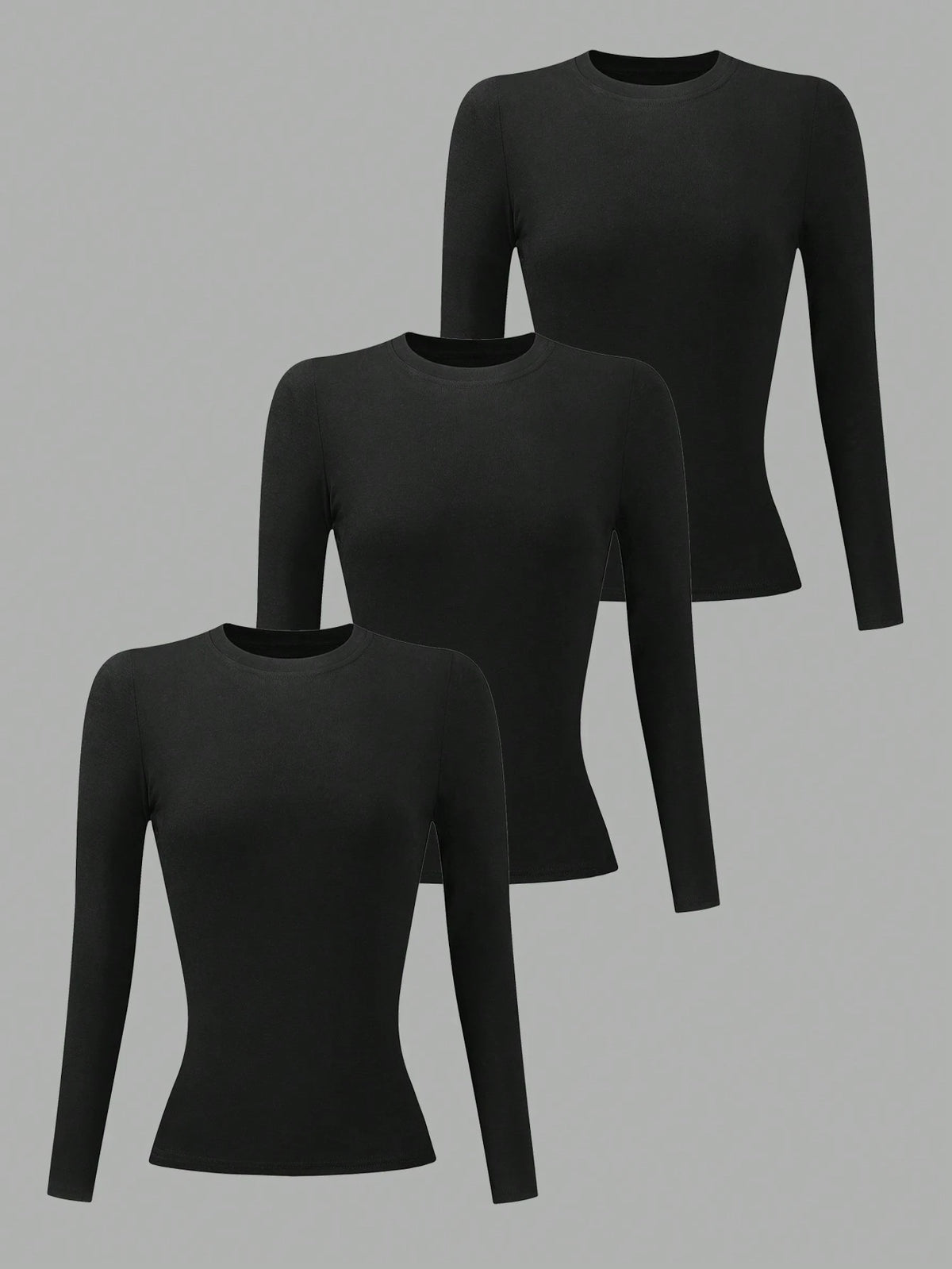 INAWLY 3pcs/Set Women Black Long Sleeve Round Neck T-Shirts Fall Cloth For Women