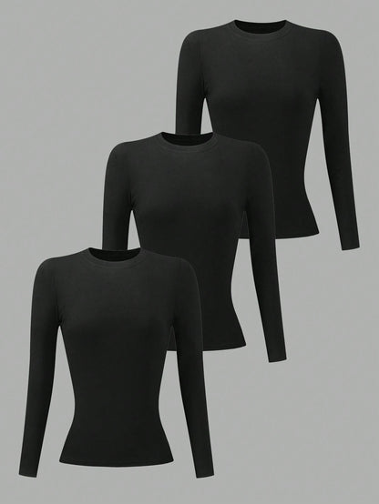 INAWLY 3pcs/Set Women Black Long Sleeve Round Neck T-Shirts Fall Cloth For Women