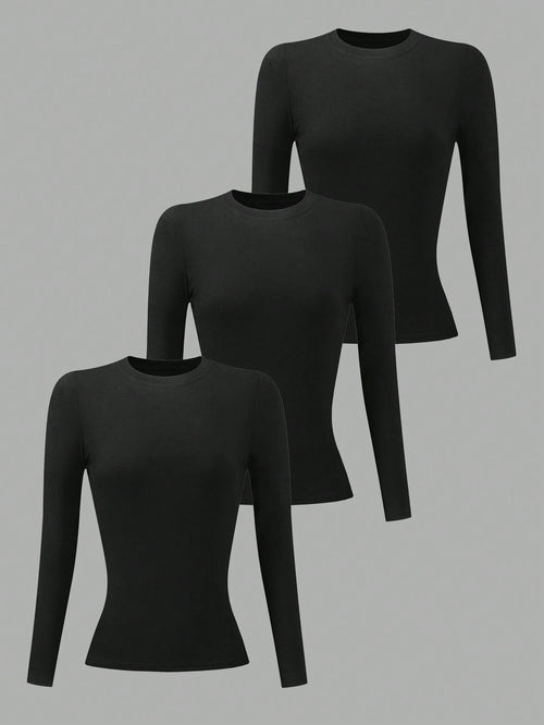 INAWLY 3pcs/Set Women Black Long Sleeve Round Neck T-Shirts Fall Cloth For Women