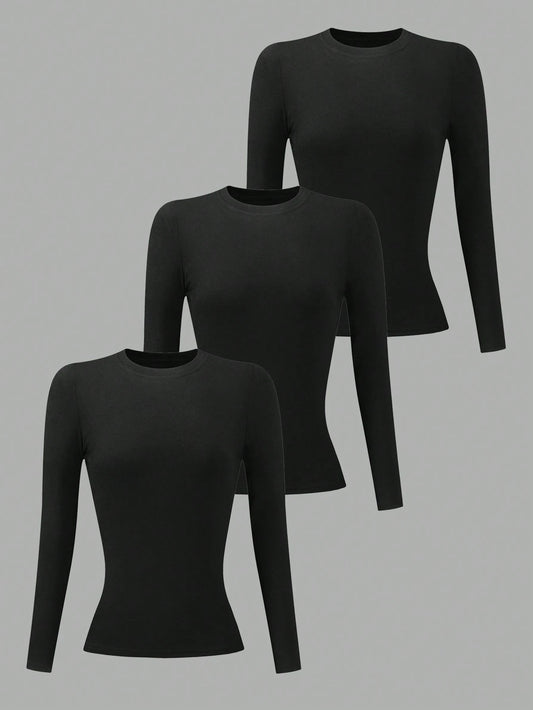 INAWLY 3pcs/Set Women Black Long Sleeve Round Neck T-Shirts Fall Cloth For Women