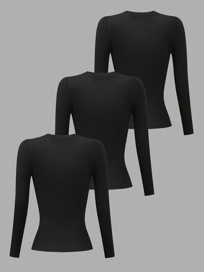 INAWLY 3pcs/Set Women Black Long Sleeve Round Neck T-Shirts Fall Cloth For Women