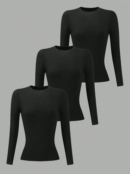 INAWLY 3pcs/Set Women Black Long Sleeve Round Neck T-Shirts Fall Cloth For Women