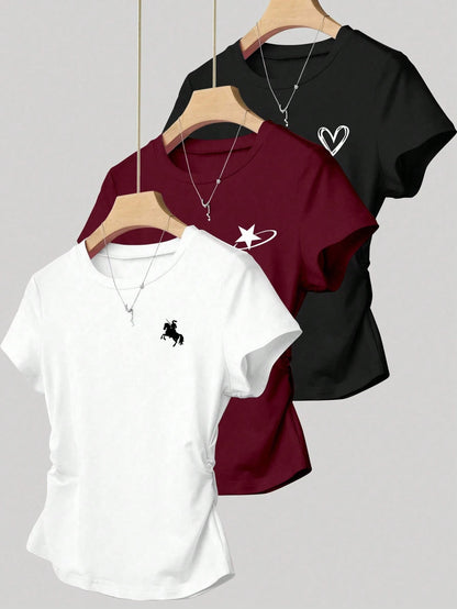INAWLY Casual Fashion Versatile Simple Round Neck Short Sleeve Women T-Shirt