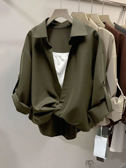 INAWLY Casual Turndown Collar Double Layer 2 In 1 Shirt Fall Cloth For Women