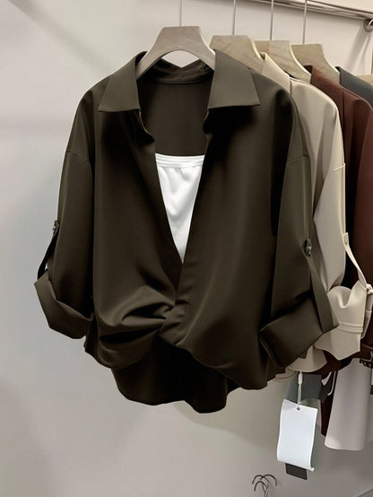 INAWLY Casual Turndown Collar Double Layer 2 In 1 Shirt Fall Cloth For Women