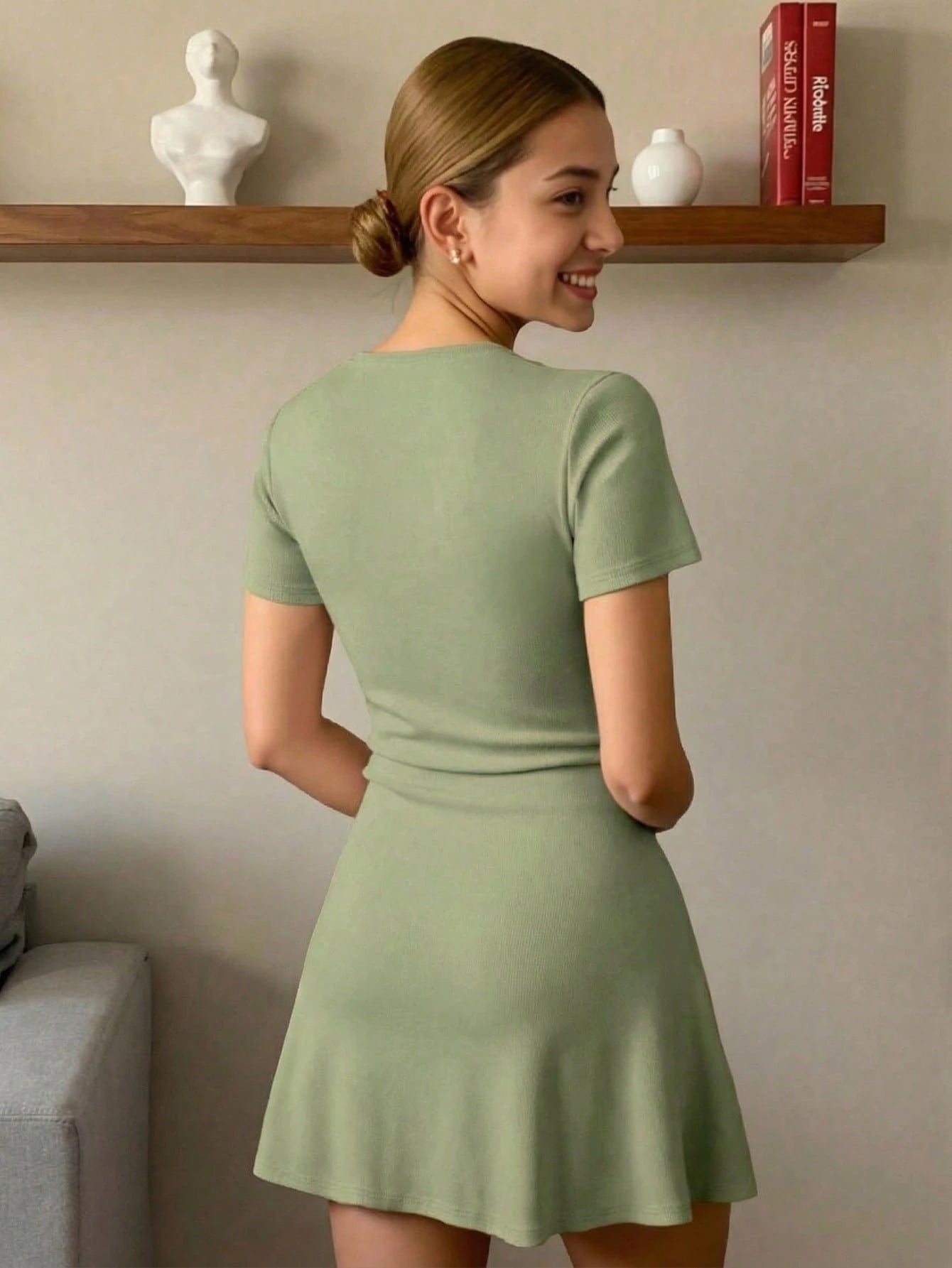 INAWLY French Style V-Neck Waist Cinched A-Line Knit Dress
