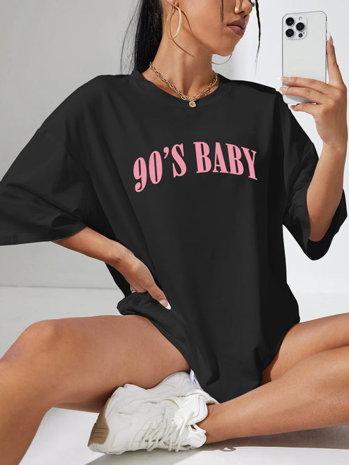 INAWLY Letter Graphic Drop Shoulder Tee Graphic Tees Women Tops